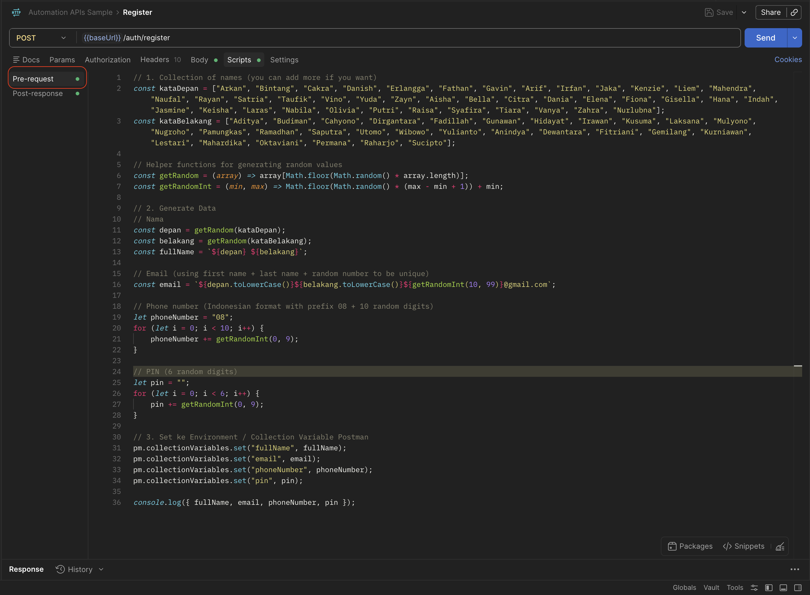 Pre Request Script Register